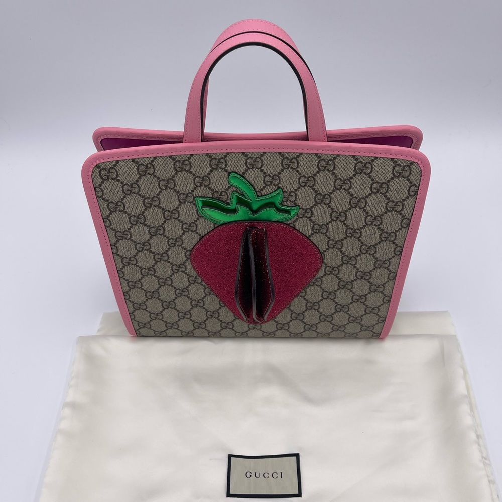 Gucci GG Supreme Girl Tote Bag with 3D Strawberry